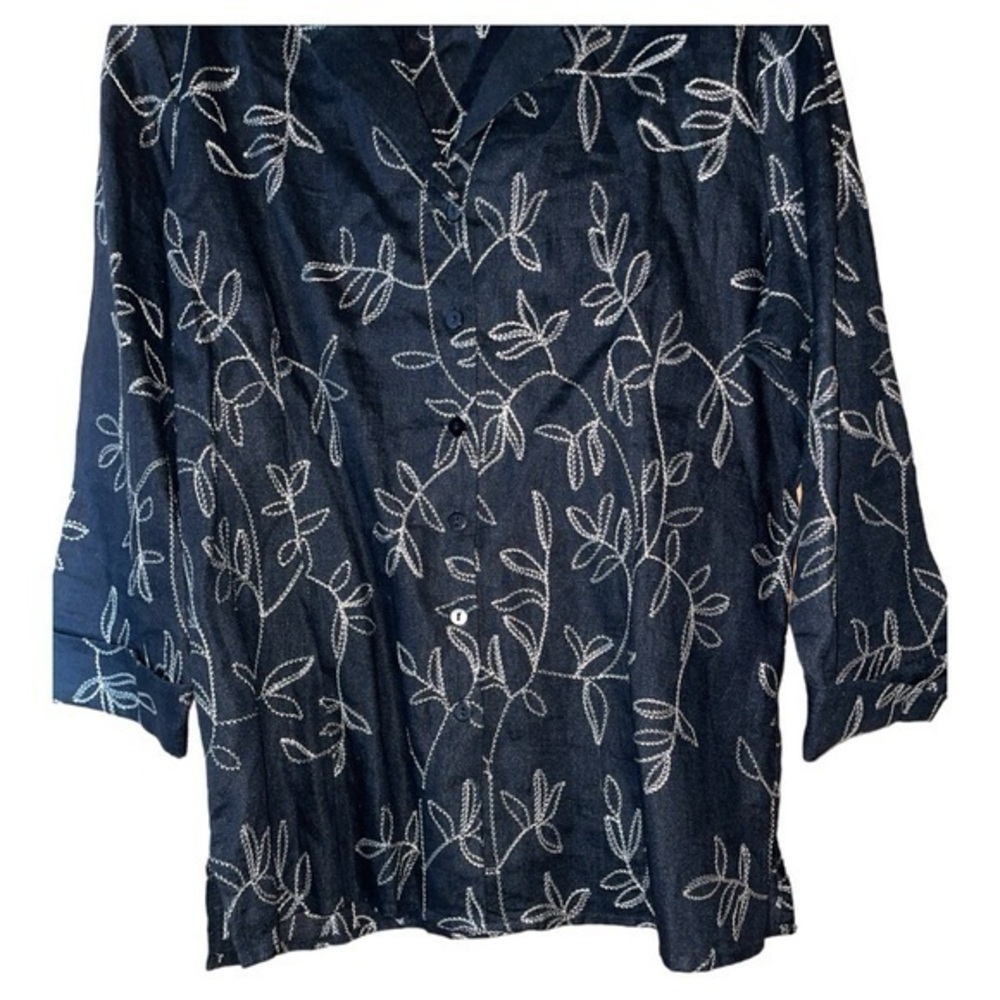 Carole Little Vtg 90s Linen Embroidered Blouse Tunic Black XL Leaf Botanical - Picture 3 of 10